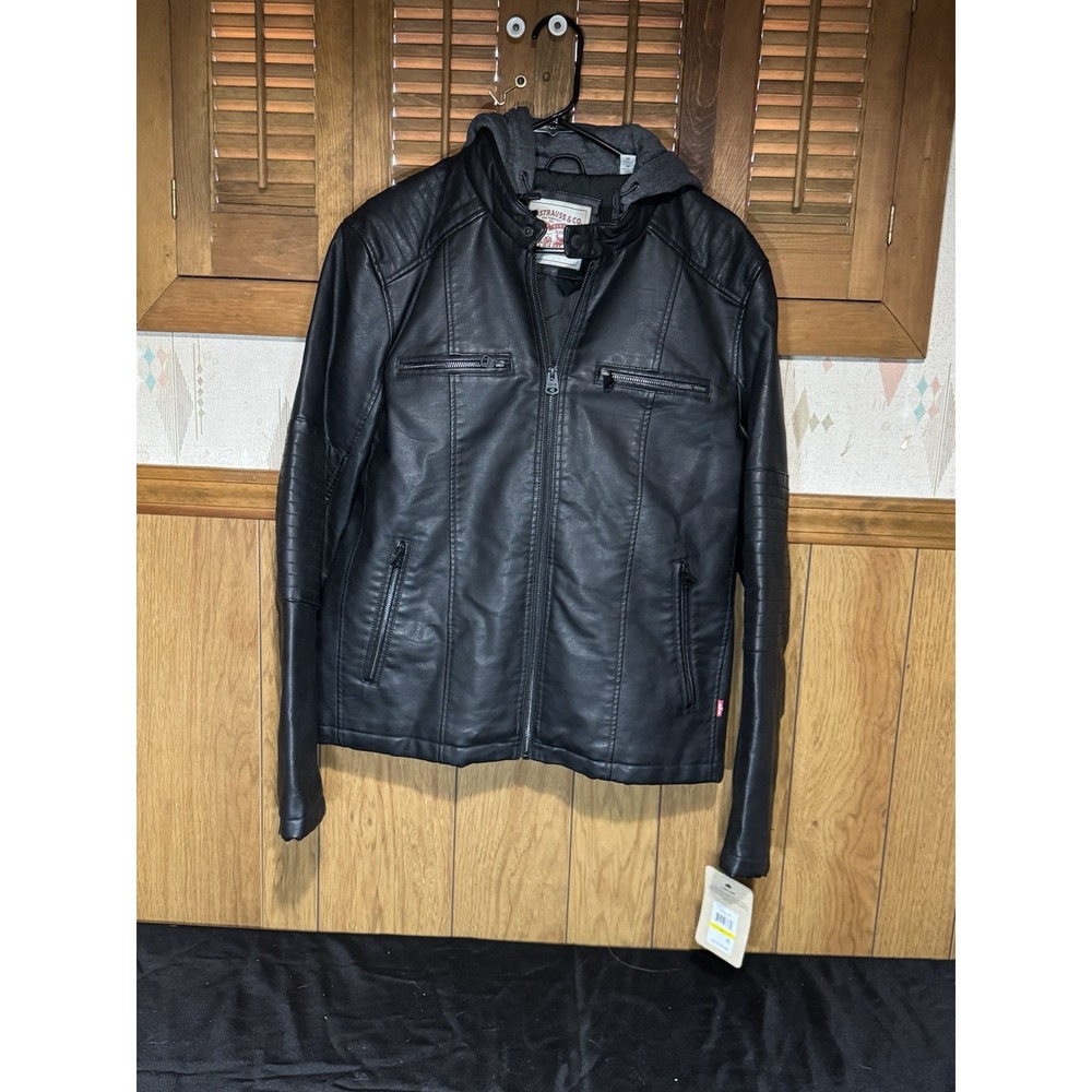 Men's Levi's Black Faux Leather Hooded Racer‎ Jacket Medium NWT